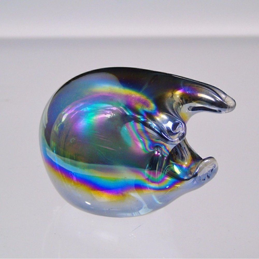 Iridescent Glass Pig Vintage Piggy Paperweight Carnival Art Glass Swine Figurine